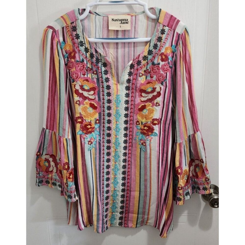 Savanna Jane Women's Top Multicolor Striped Embroidered Flowers Boho Festival S